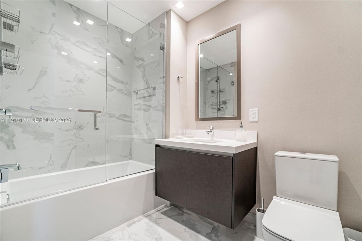 Bathroom, Glass Shower, Interior, Marble, Marble Walls, Recessed Lighting