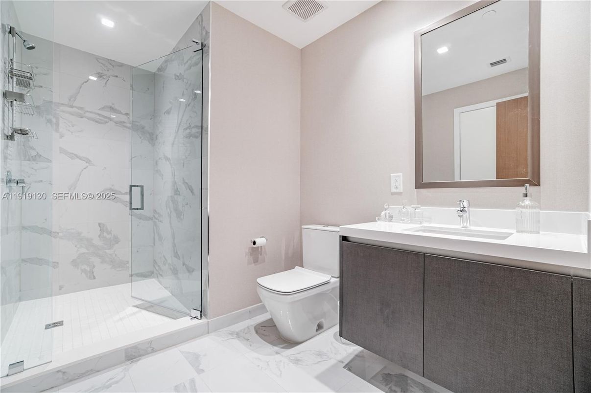 Bathroom, Glass Shower, Interior, Marble, Marble Walls, Recessed Lighting