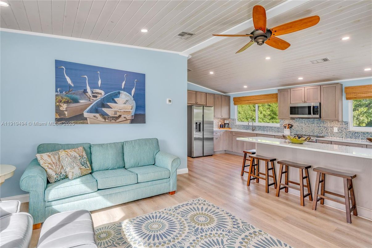 Interior, Kitchen, Living room, Recessed Lighting, Stainless Steel Appliances, Wood Texture Flooring