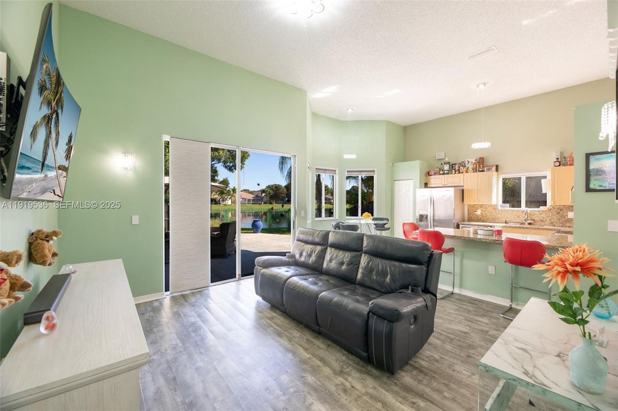 Dining room, Interior, Kitchen, Living room, Recessed Lighting, Wood Texture Flooring