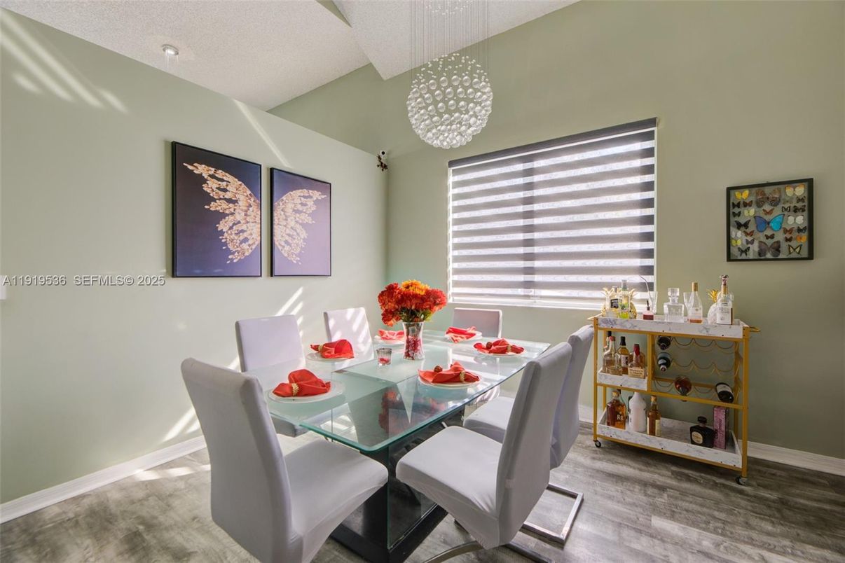 Dining room, Interior, Pendant Lights, Wood Texture Flooring