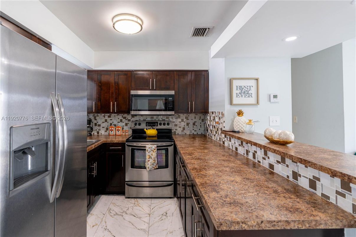 Interior, Kitchen, Marble, Recessed Lighting, Stainless Steel Appliances