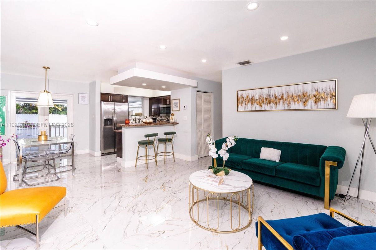 Dining room, Interior, Kitchen, Living room, Marble, Pendant Lights, Recessed Lighting, Stainless Steel Appliances