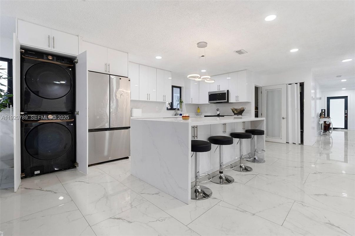Interior, Kitchen, Marble, Pendant Lights, Recessed Lighting, Stainless Steel Appliances, Washer
