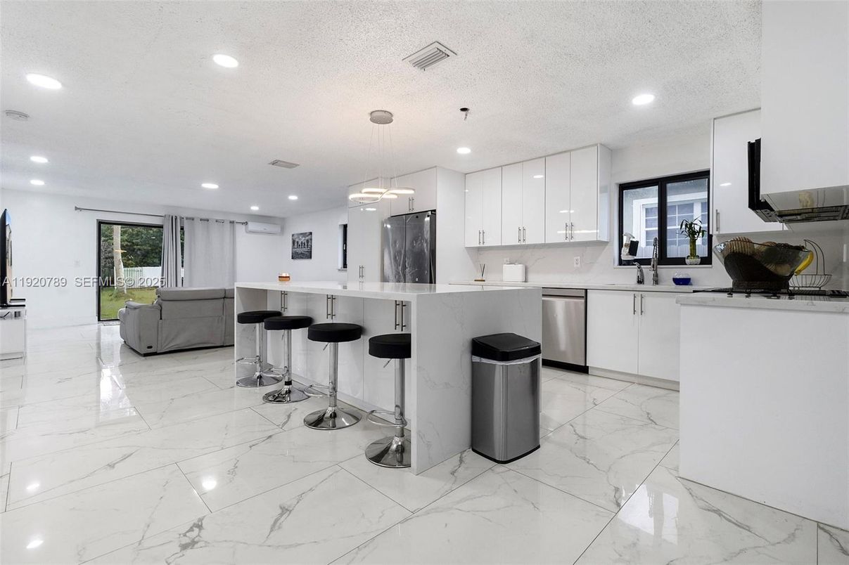 Interior, Kitchen, Marble, Pendant Lights, Recessed Lighting, Stainless Steel Appliances