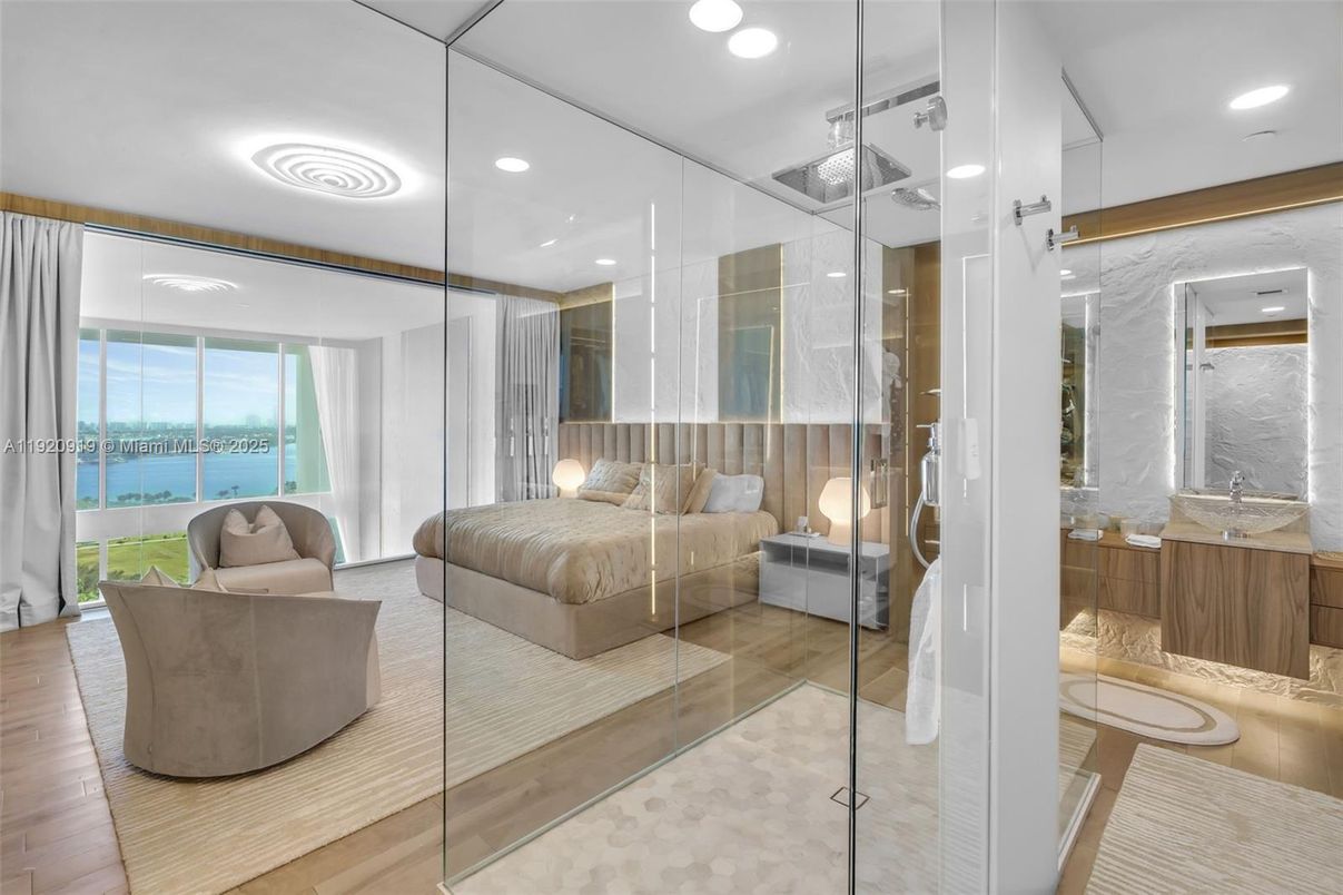 Bedroom, Interior, Recessed Lighting, Water, Wood Texture Flooring