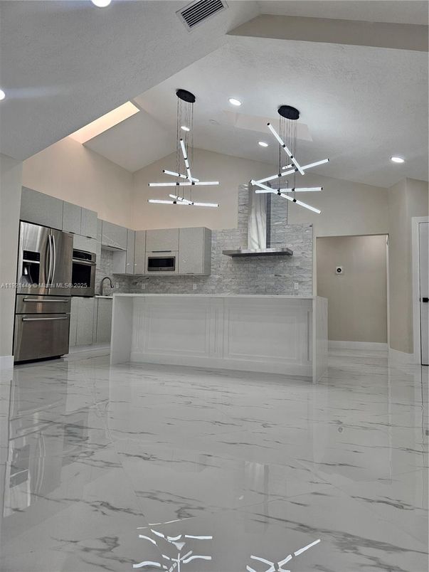 Interior, Kitchen, Marble, Pendant Lights, Recessed Lighting, Stainless Steel Appliances