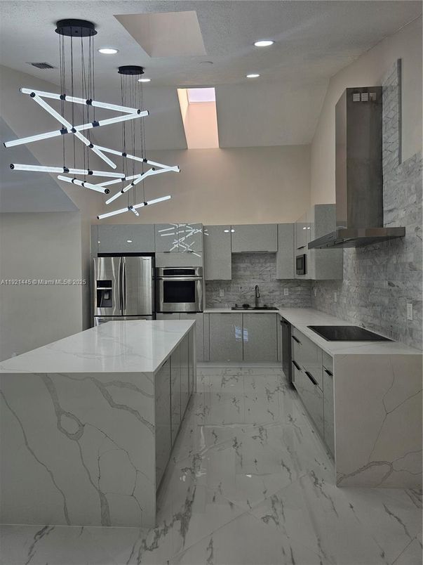 Interior, Kitchen, Marble, Pendant Lights, Recessed Lighting, Stainless Steel Appliances