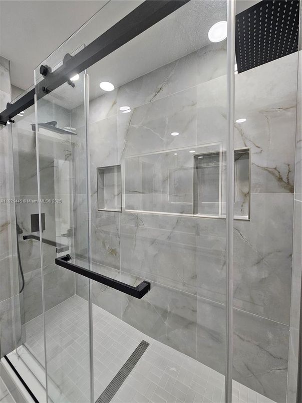 Bathroom, Glass Shower, Interior, Marble Walls, Recessed Lighting