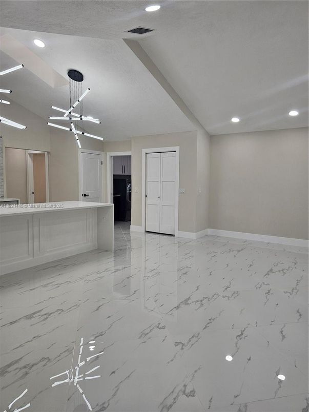 Empty room, Interior, Kitchen, Marble, Pendant Lights, Recessed Lighting