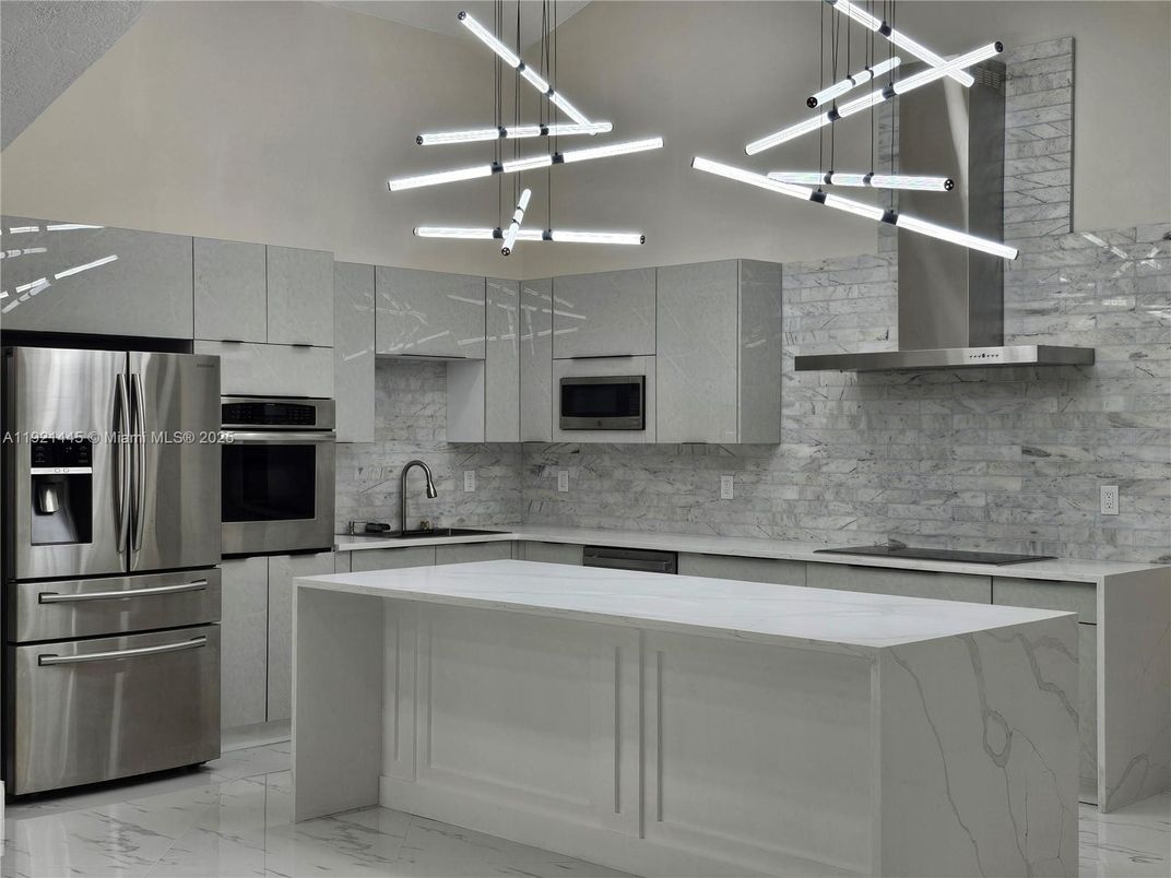 Interior, Kitchen, Marble, Pendant Lights, Stainless Steel Appliances