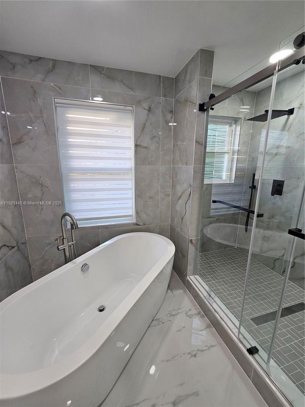 Bathroom, Free Standing Baths, Glass Shower, Interior, Marble, Marble Walls