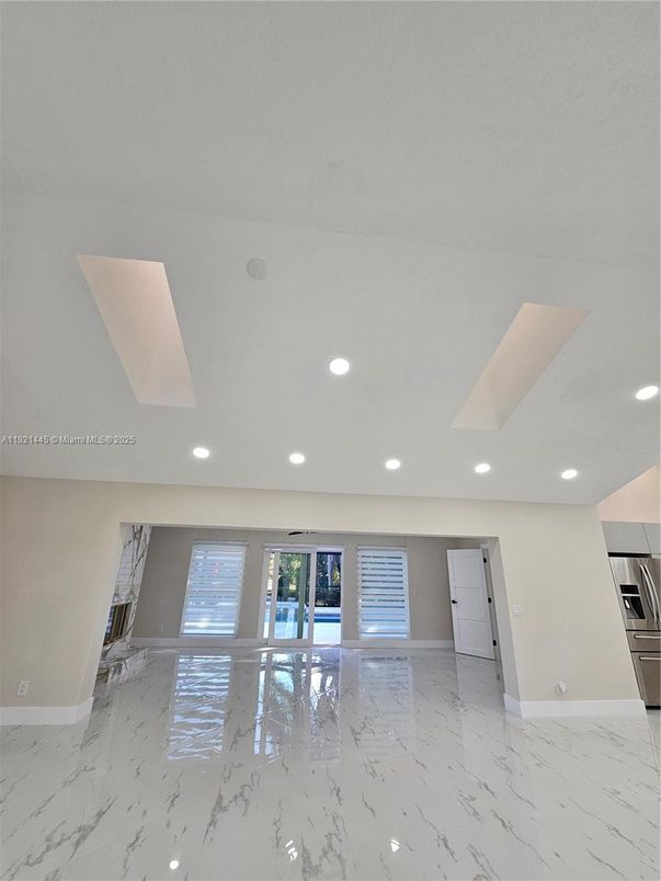 Empty room, Interior, Kitchen, Marble, Recessed Lighting, Stainless Steel Appliances