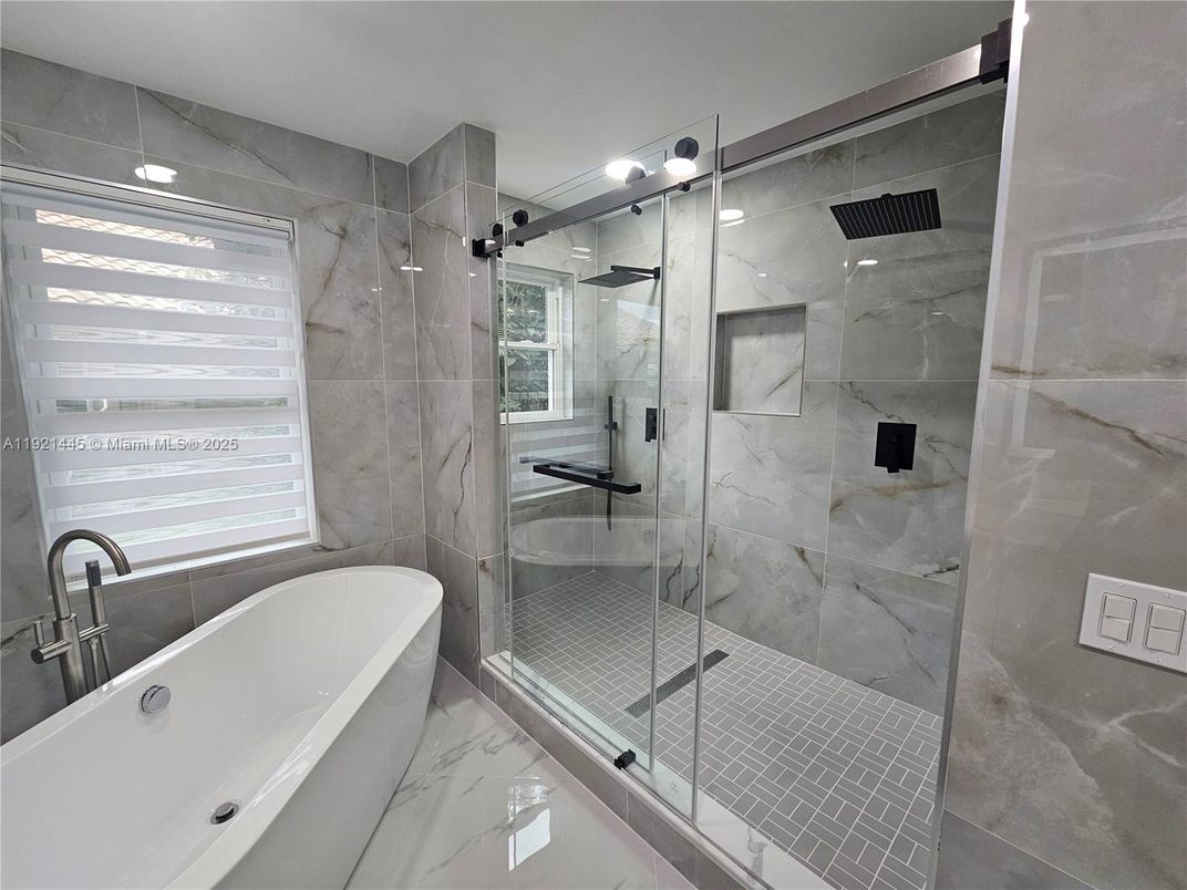 Bathroom, Free Standing Baths, Glass Shower, Interior, Marble, Marble Walls, Recessed Lighting