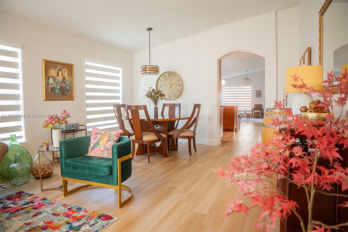Dining room, Interior, Pendant Lights, Wood Texture Flooring