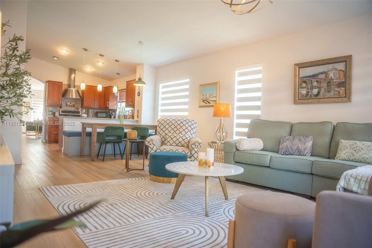 Interior, Kitchen, Living room, Pendant Lights, Recessed Lighting, Stainless Steel Appliances, Wood Texture Flooring