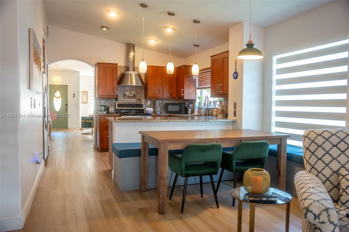 Interior, Kitchen, Pendant Lights, Recessed Lighting, Stainless Steel Appliances, Wood Texture Flooring