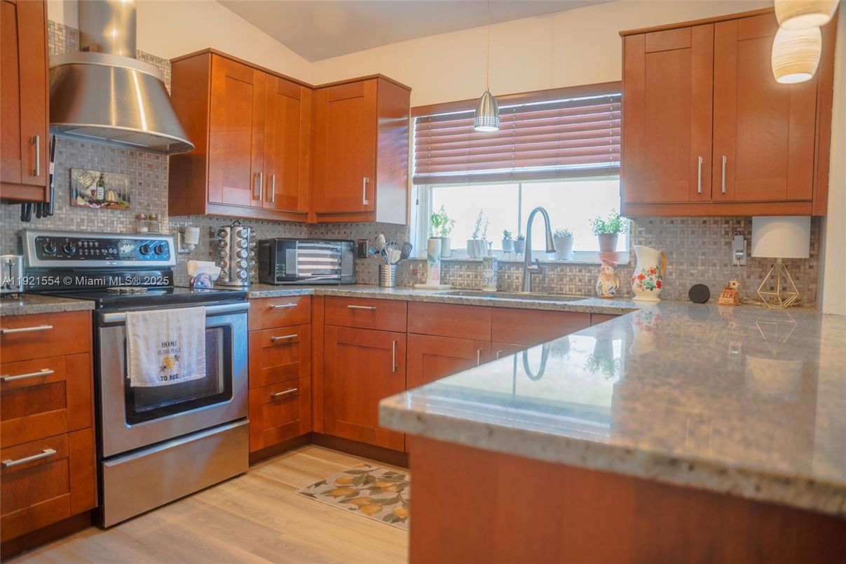 Interior, Kitchen, Pendant Lights, Stainless Steel Appliances, Wood Texture Flooring