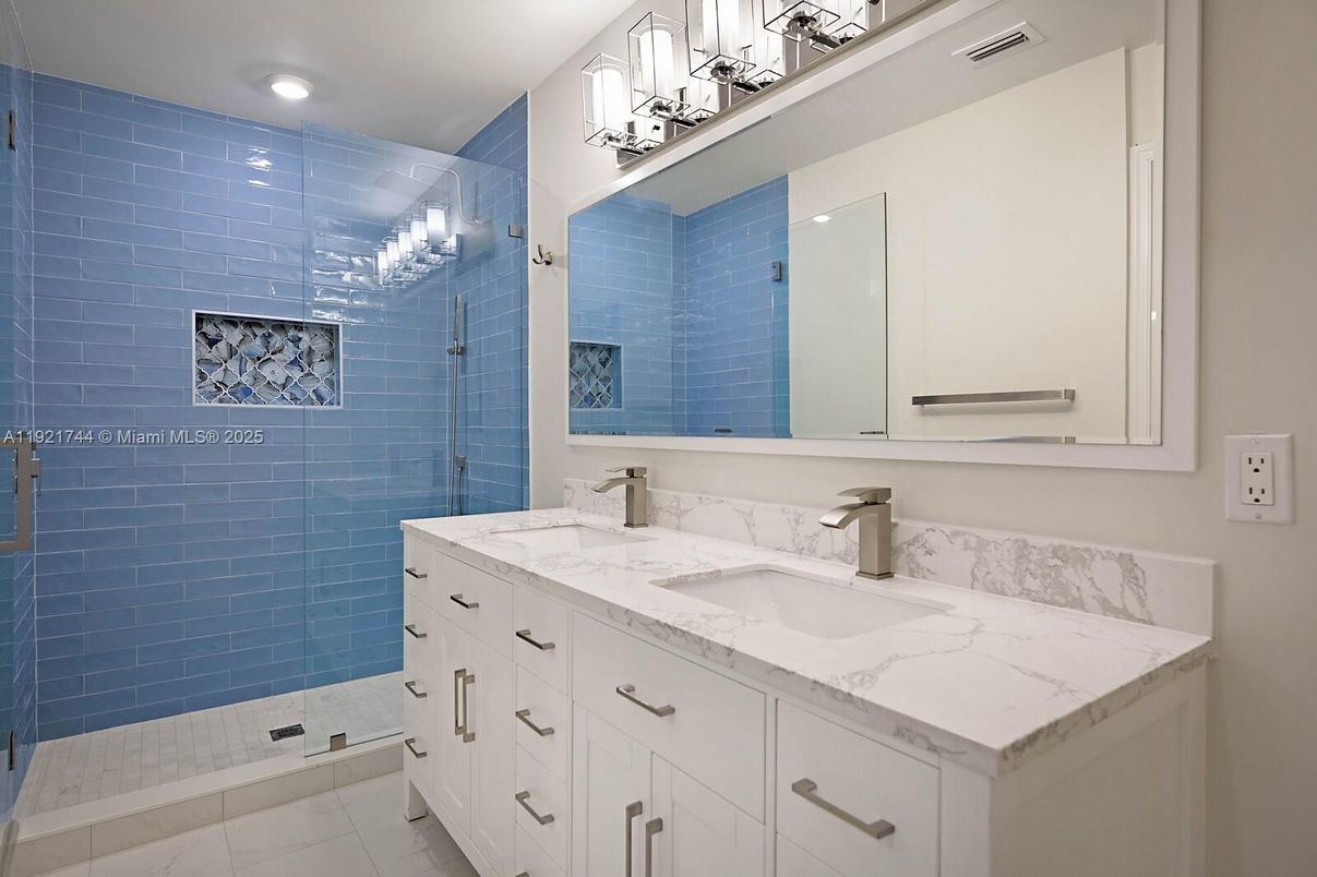 Bathroom, Dual Sink Vanities, Glass Shower, Interior, Recessed Lighting