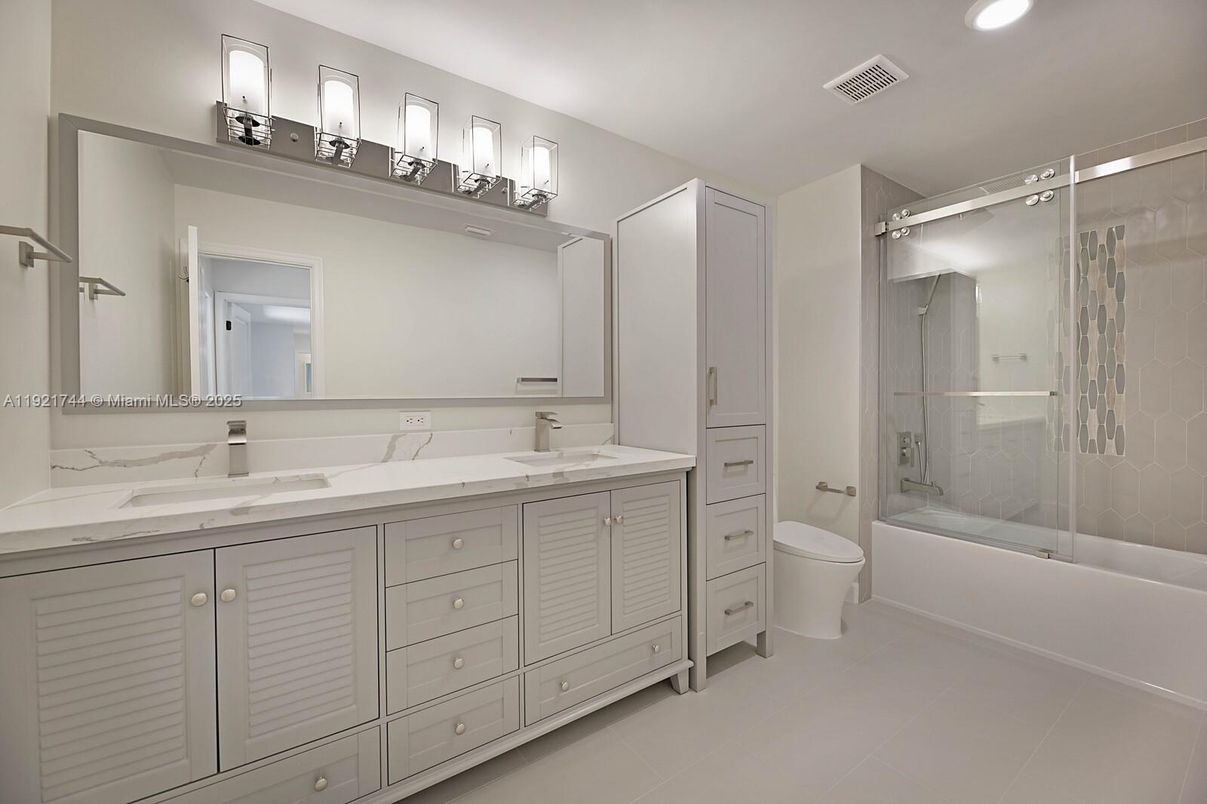 Bathroom, Dual Sink Vanities, Glass Shower, Interior, Recessed Lighting
