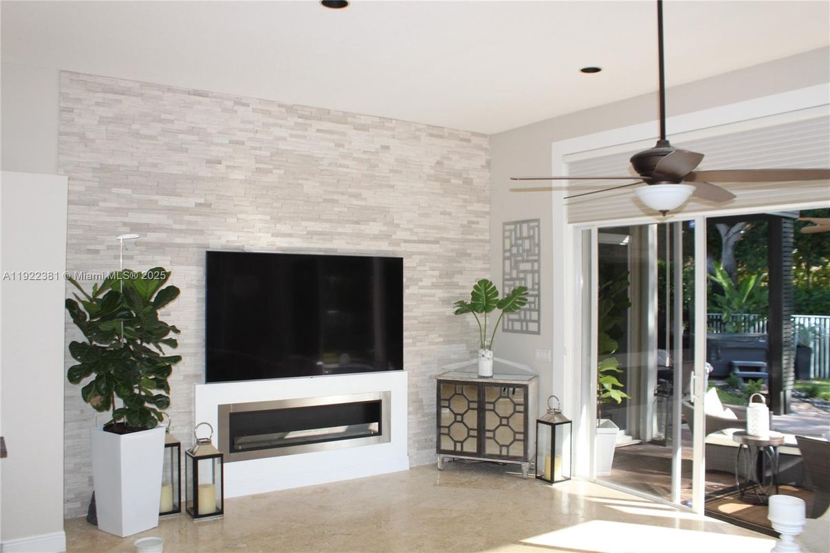 Fireplace, Interior, Recessed Lighting, Stone Walls