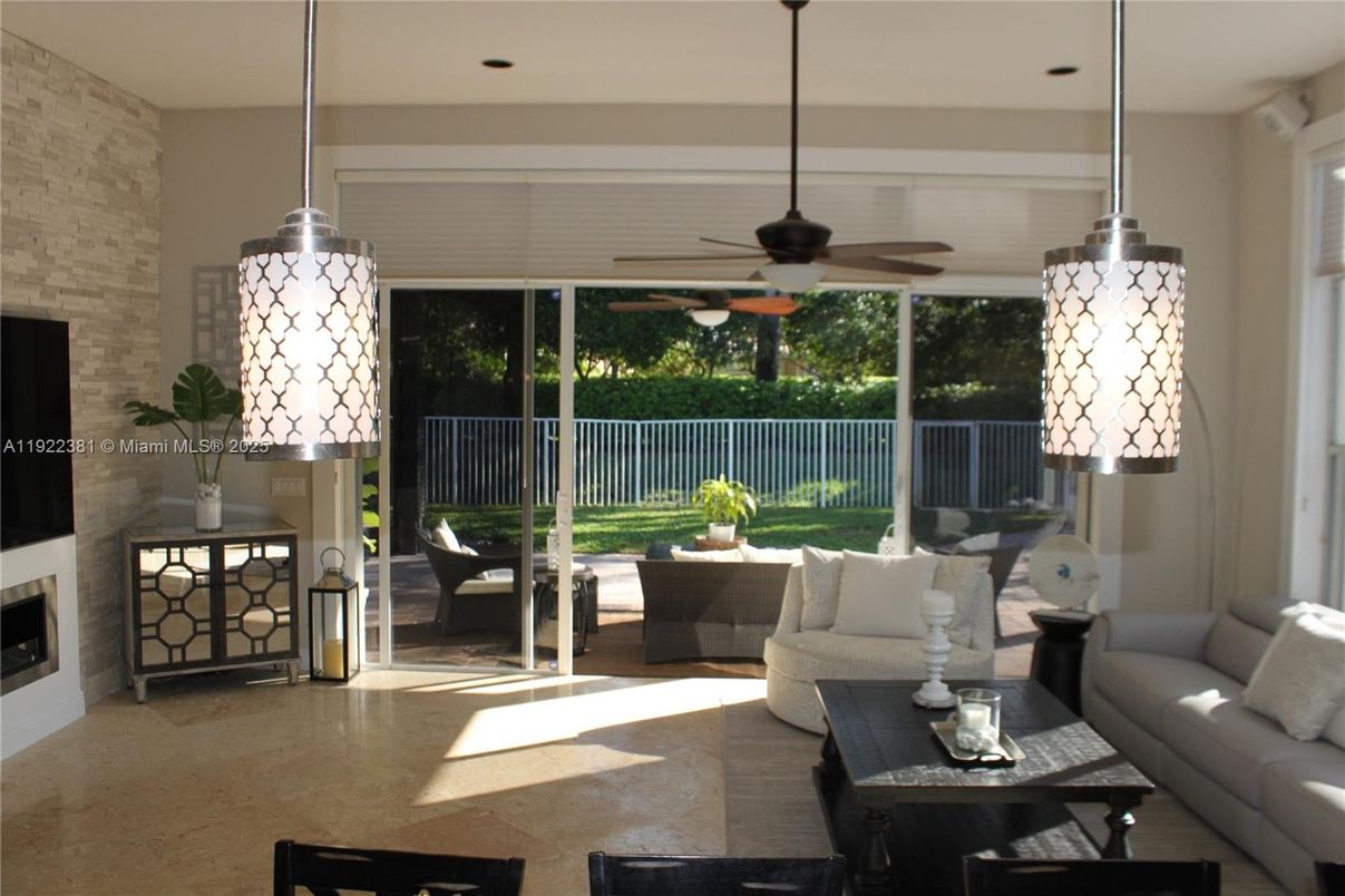 Fireplace, Interior, Living room, Pendant Lights, Recessed Lighting, Stone Walls