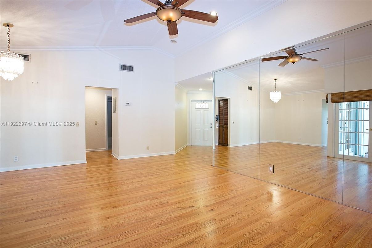Chandelier, Empty room, Interior, Recessed Lighting, Wood Texture Flooring