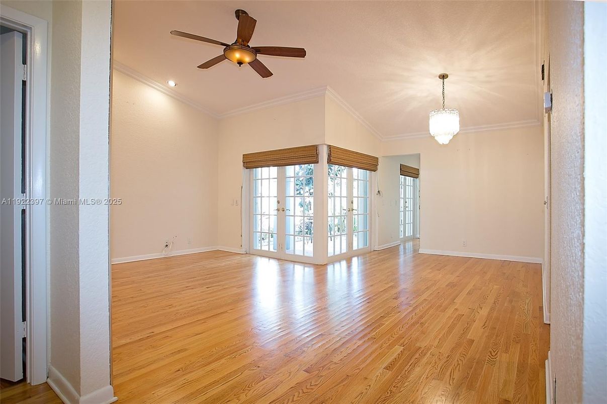 Chandelier, Empty room, Interior, Recessed Lighting, Wood Texture Flooring