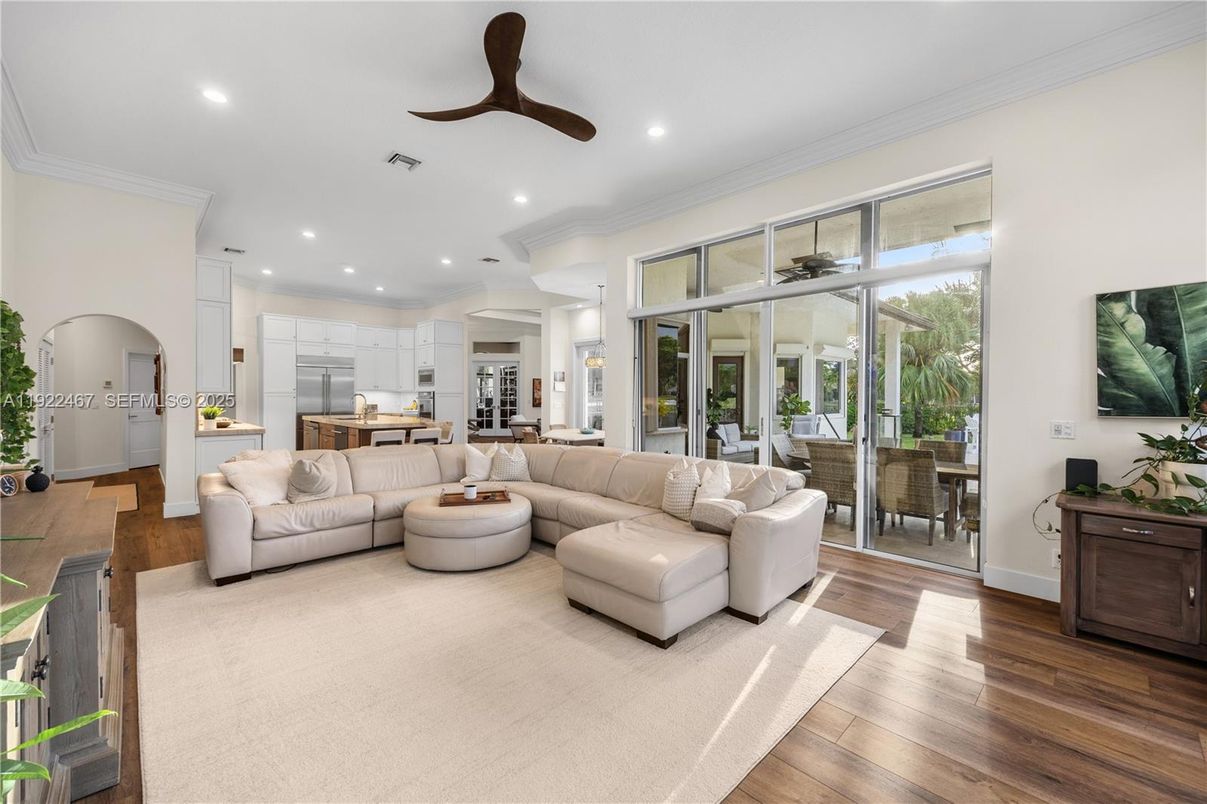 Interior, Kitchen, Living room, Recessed Lighting, Stainless Steel Appliances, Wood Texture Flooring