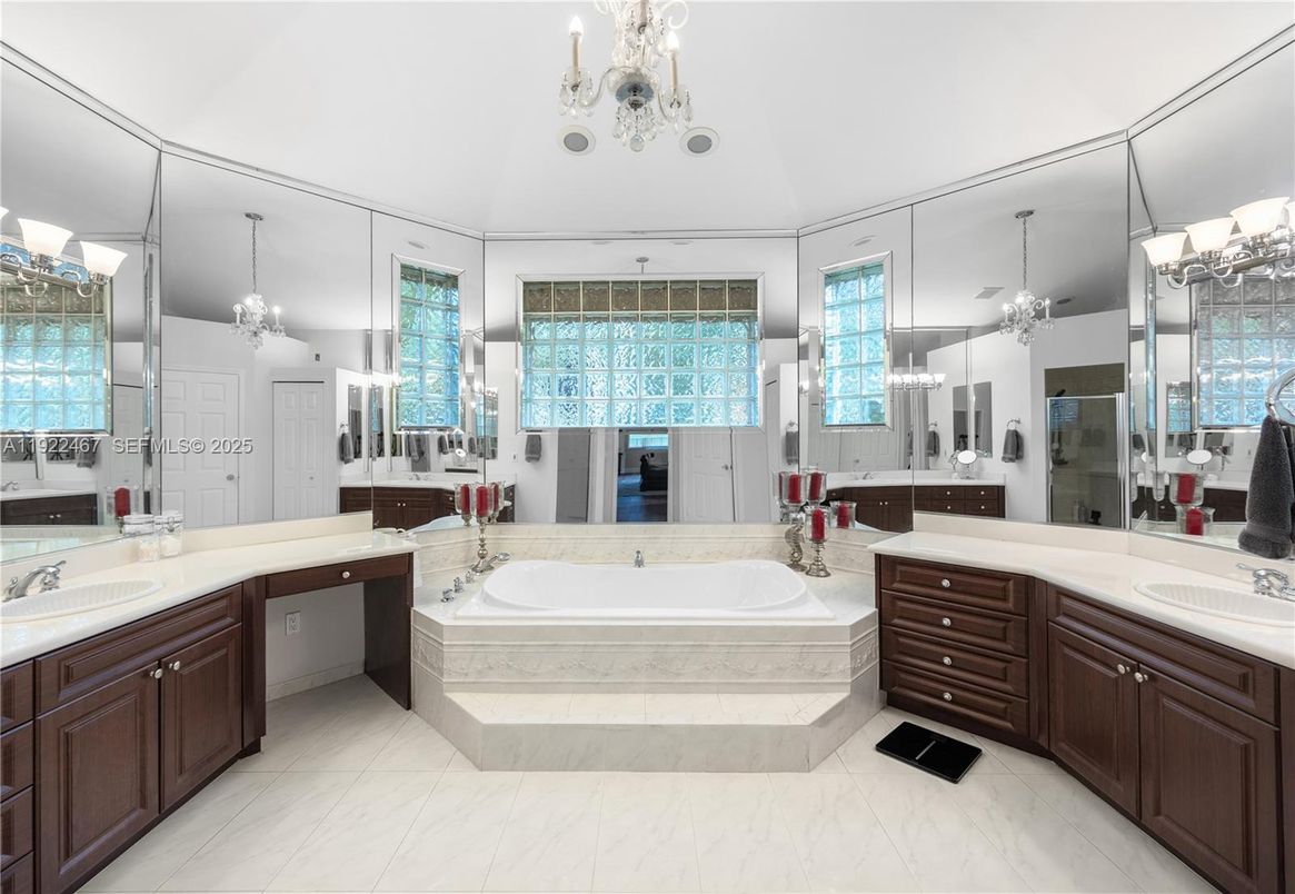 Bathroom, Chandelier, Dual Sink Vanities, Interior, Marble, Pendant Lights