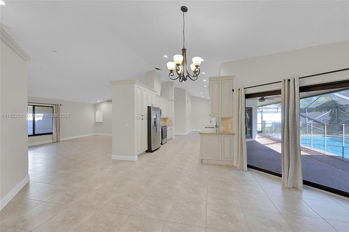 Chandelier, Empty room, Interior, Kitchen, Recessed Lighting