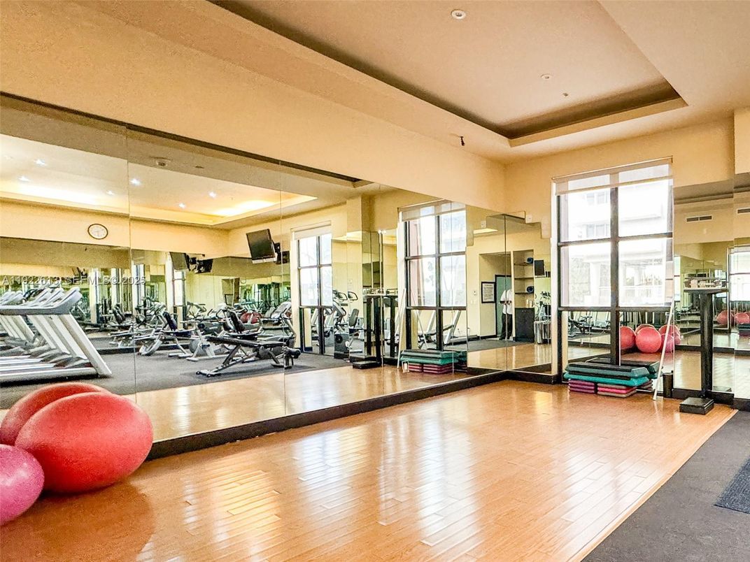 Fitness Equipment, Gym, Interior, Recessed Lighting, Wood Texture Flooring