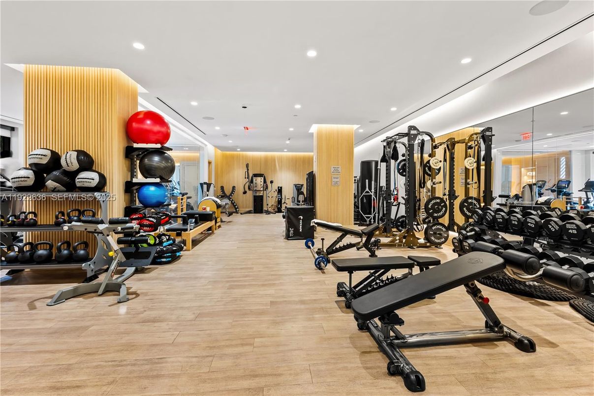 Fitness Equipment, Gym, Interior, Recessed Lighting, Wood Texture Flooring