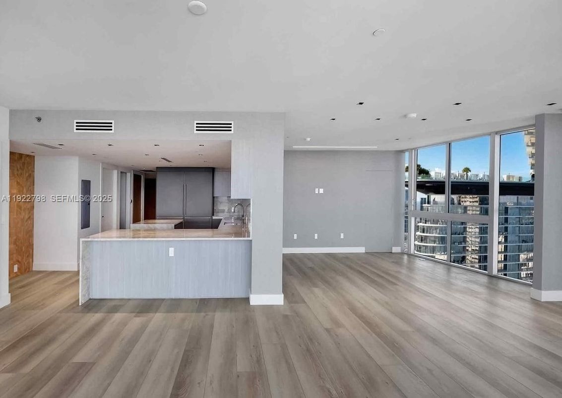 Empty room, Interior, Kitchen, Recessed Lighting, Wood Texture Flooring