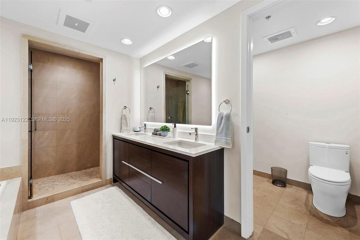 Bathroom, Dual Sink Vanities, Glass Shower, Interior, Recessed Lighting
