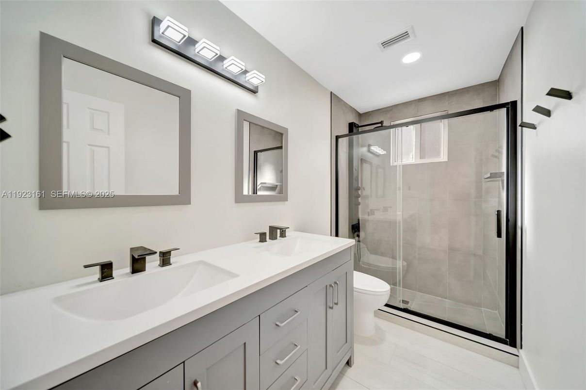 Bathroom, Dual Sink Vanities, Glass Shower, Interior, Recessed Lighting