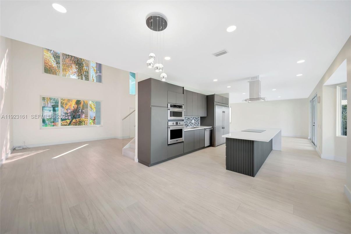 Interior, Kitchen, Pendant Lights, Recessed Lighting, Stainless Steel Appliances, Wood Texture Flooring