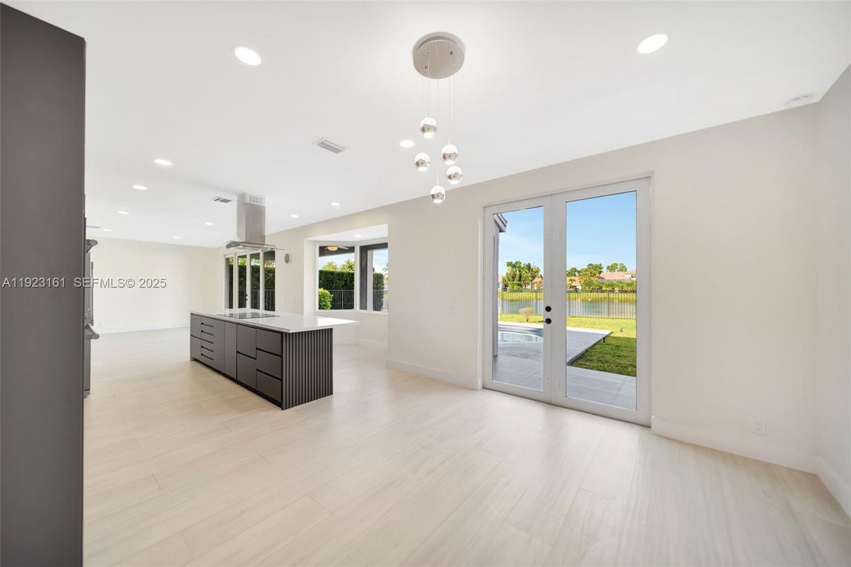 Empty room, Interior, Kitchen, Pendant Lights, Recessed Lighting, Wood Texture Flooring