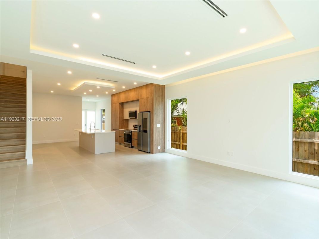 Empty room, Interior, Kitchen, Recessed Lighting, Stainless Steel Appliances