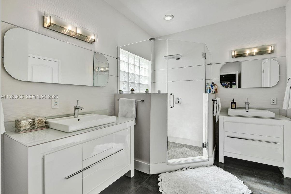 Bathroom, Dual Sink Vanities, Glass Shower, Interior, Recessed Lighting, Wood Texture Flooring