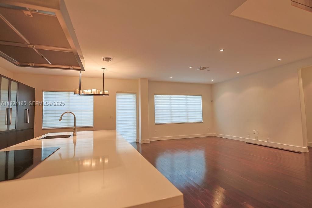 Chandelier, Empty room, Interior, Kitchen, Pendant Lights, Recessed Lighting, Wood Texture Flooring