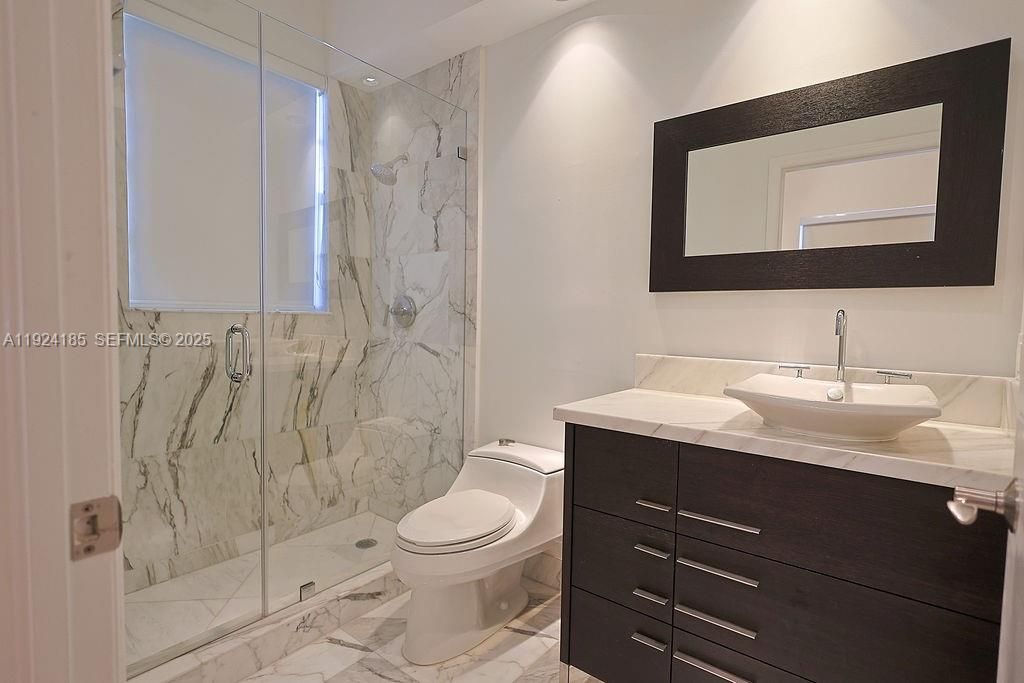 Bathroom, Glass Shower, Interior, Marble, Marble Walls, Recessed Lighting