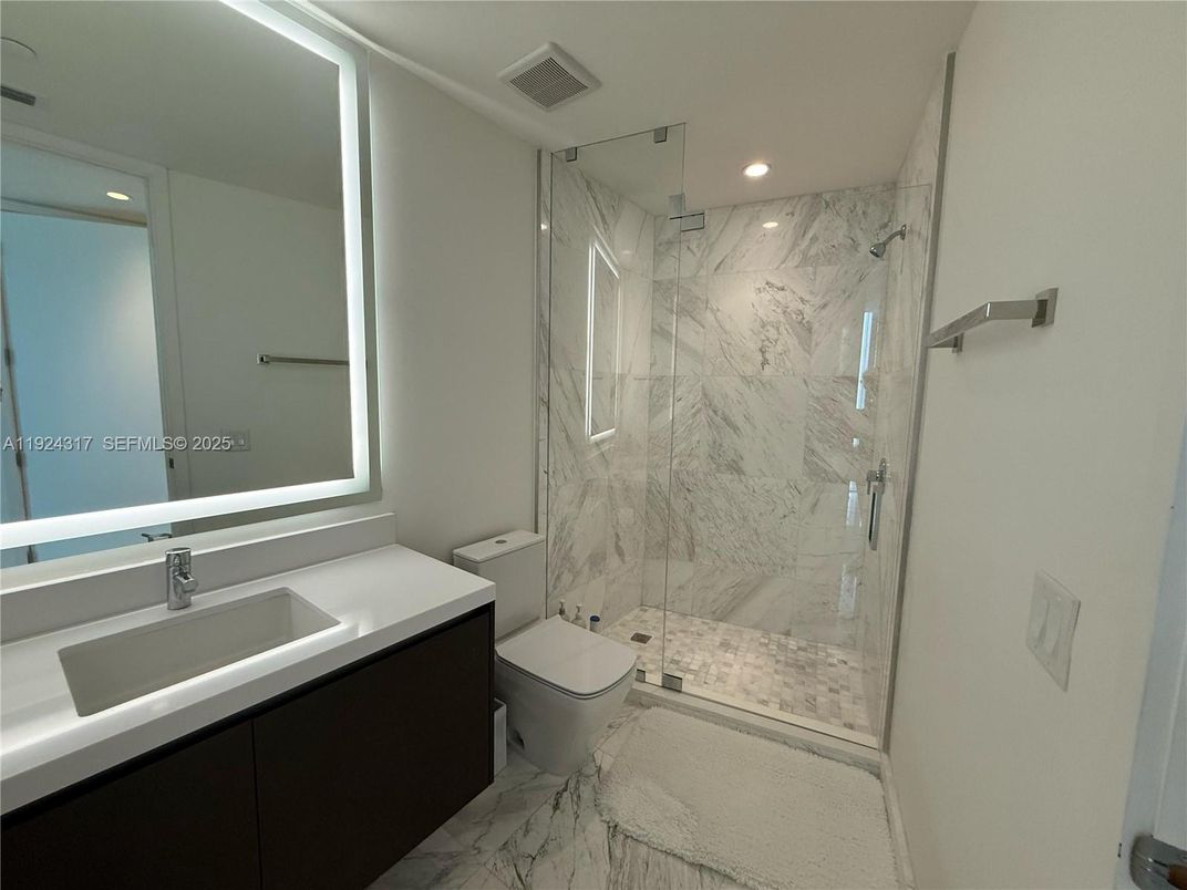 Bathroom, Glass Shower, Interior, Marble, Marble Walls, Recessed Lighting