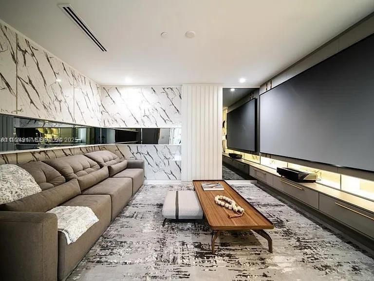 Interior, Living room, Marble Walls, Projection Screen, Recessed Lighting