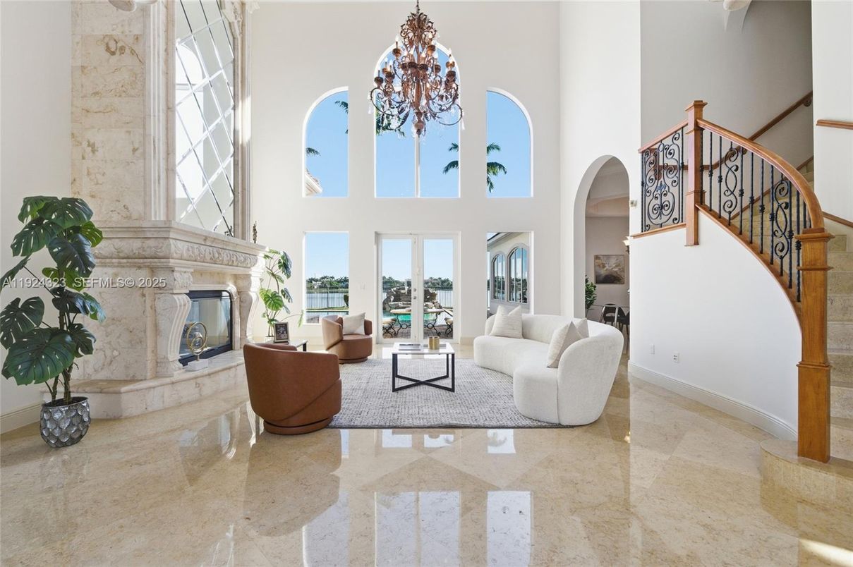 Chandelier, Fireplace, Interior, Living room