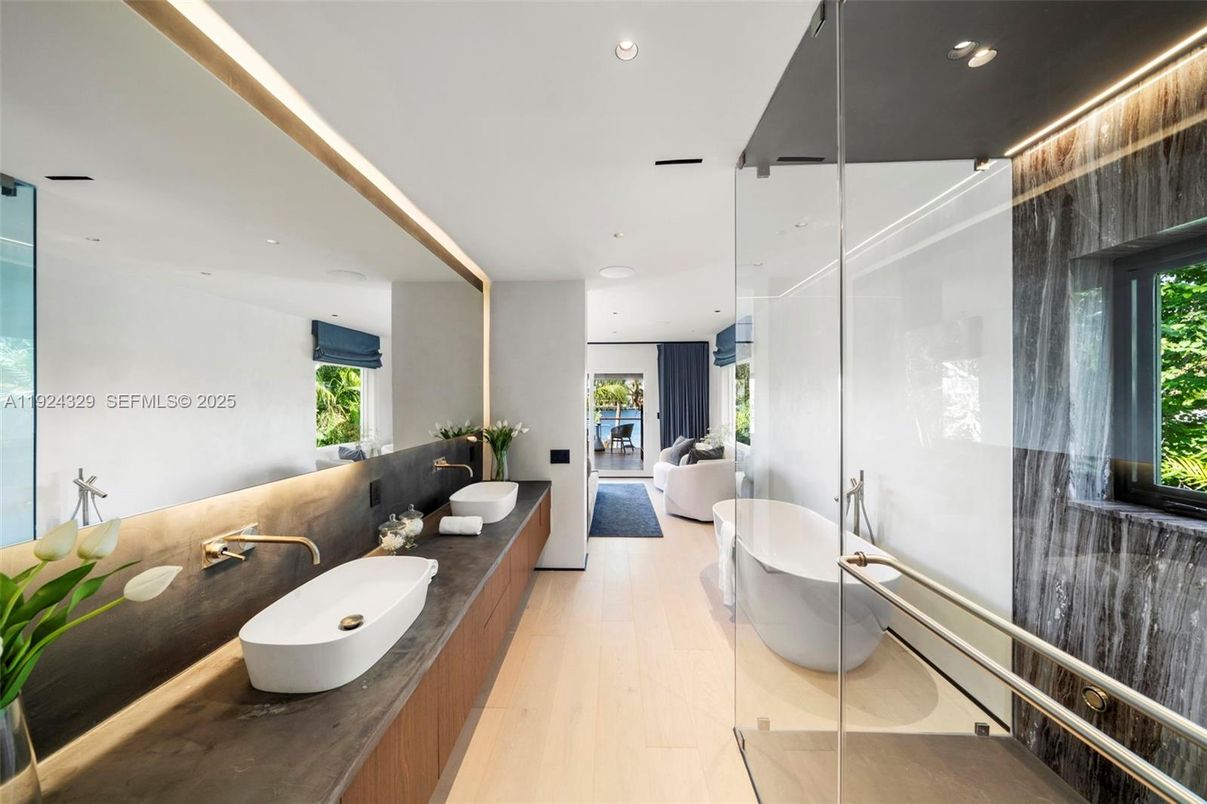 Bathroom, Dual Sink Vanities, Free Standing Baths, Interior, Recessed Lighting, Wood Texture Flooring