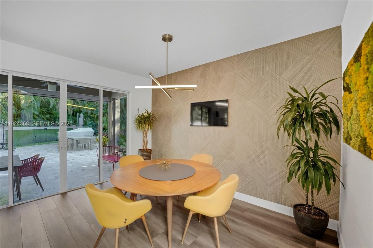 Dining room, Interior, Pendant Lights, Wood Texture Flooring