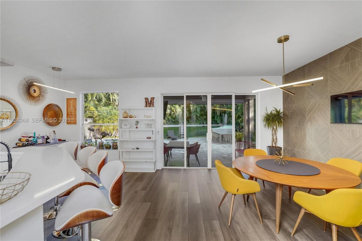Dining room, Interior, Pendant Lights, Wood Texture Flooring