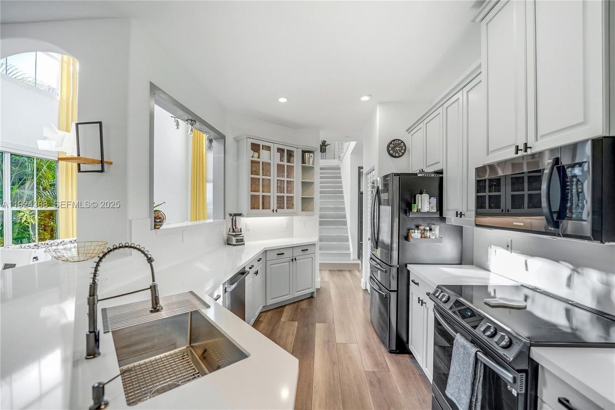 Interior, Kitchen, Recessed Lighting, Stainless Steel Appliances, Wood Texture Flooring