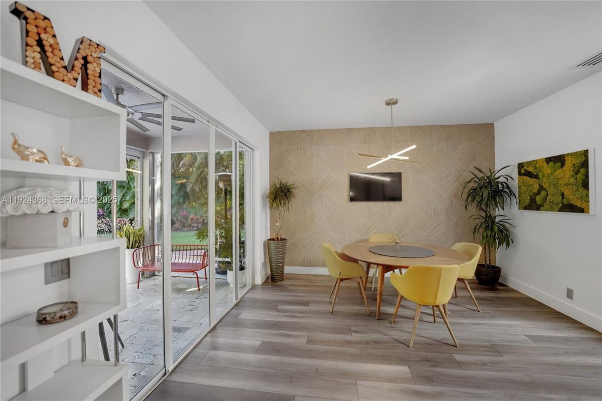Dining room, Interior, Pendant Lights, Wood Texture Flooring